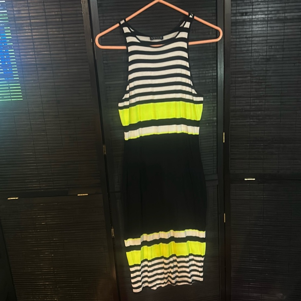 Venus black white neon green stripped tank dress